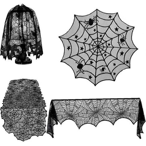 Ensemble de 4 décorations d'Halloween : nappe rectangulaire en dentelle à motif de chauve-souris et toile d'araignée, nappe ronde en dentelle à motif de toile d'araignée, cache-cheminée et écharpe pou (1/5)