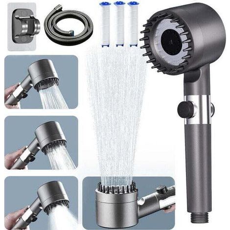 Pommeau de Duche Haute Pression, Pommeau de Duche Economie Deau avec Tuyau Douche 1.5M et Support, Salle de Bain Réglable à 4 Modes, Pommeau de Douche Anti Calcaire Bouton D'arrêt D'eau (1/4)