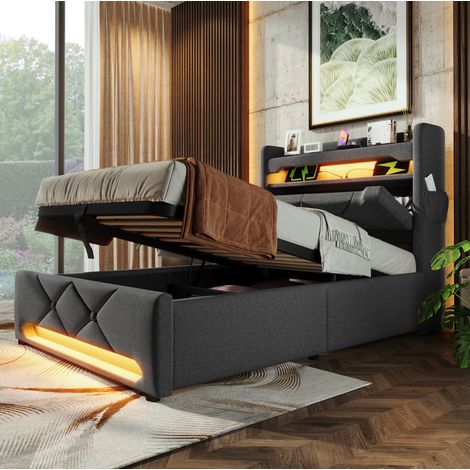Lit rembourré 90x200 cm en lin gris avec LED 360°, tête de lit USB et rangement relevable (1/5)