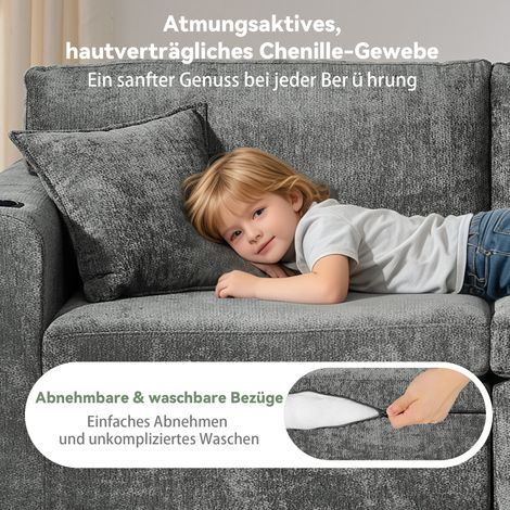 Canapé relax 2 places compact pour petit espace, tissu chiné doux, avec poche magazine latérale, porte-boissons et coussin inclus, idéal salon, bureau, chambre d’amis, appartement, gris. (1/5)