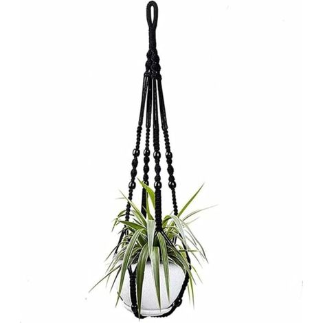 Black cotton rope indoor plant hanger, 98 cm, with wooden beads, for home decor, without hooks, 1 pair (1/4)