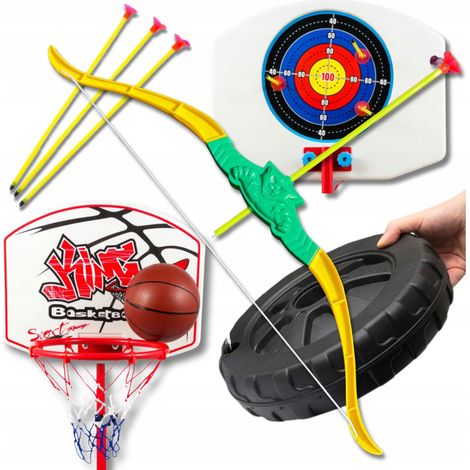 Juego 2 en 1 de canasta de pie, diana, arco, flecha y baloncesto port谩til para ni帽os. (1/5)