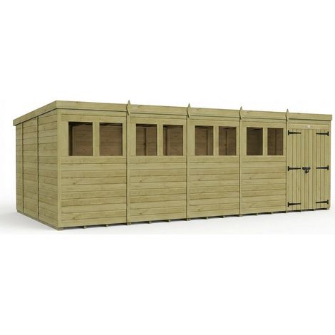 20ft x 10ft Pent Garden Shed Double Door With Windows - Pressure Treated Timber - L610 x W305 x H210 cm - Natural