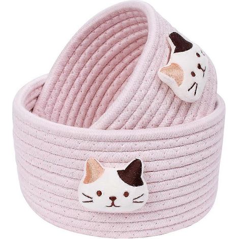Petit panier de rangement, lot de 2, motif chat, en corde, décoration, mini boîte de rangement, cadeau pour enfant ou petite fille, rose (1/4)