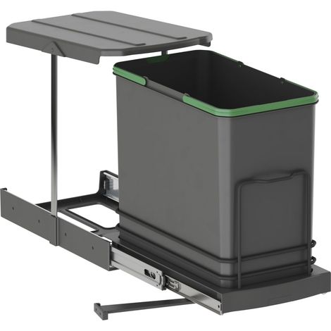 Poubelle de tri sélectif pour meuble de cuisine, 24 L, fixation par le bas et extraction manuelle/automatique, plastique gris anthracite. (1/5)