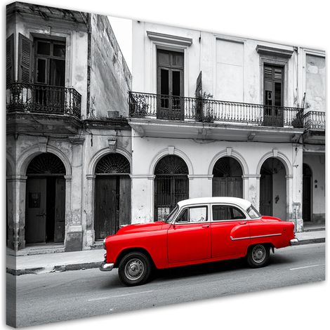 Tableau Moderne, Voiture américaine rouge dans une rue de La Havane,30x20 (1/4)