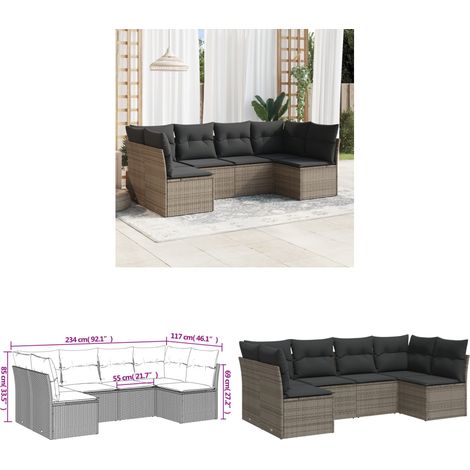 6-tlg. Garten-Sofagarnitur mit Kissen Grau Poly Rattan - Gartensorgaunität - Outdoor Möbel - Lounge Set - Rattan Sofa - Gartenlounge - Home & Living