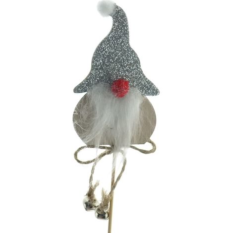 Weihnachtsdeko Wichtel Silberfarben mit Glöckchen & Glitterhut 8 cm - Holzstecker