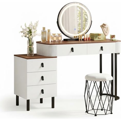 ELVMI Coiffeuse avec 5 Tiroirs, Miroir LED Réglable et Tabouret, Bois et MDF, 125 x 40 x 100 cm, Blanc Marron (1/5)