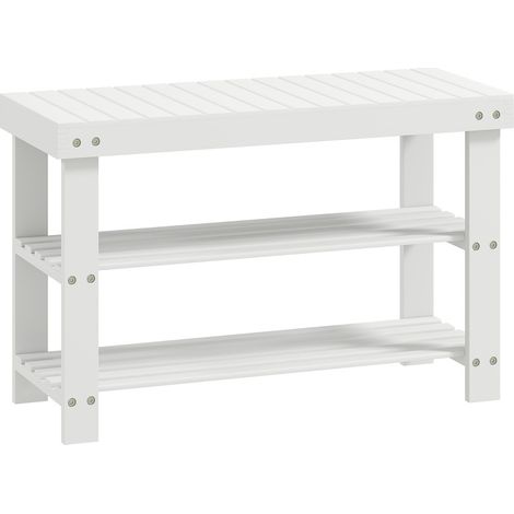 Banco zapatero de bambú con 2 estantes y asiento contenedor 70x28x45 cm blanco MODENUIT (1/5)