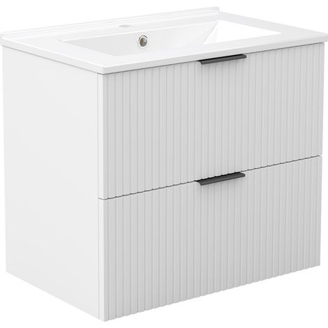 Acezanble 600mm Bathroom Vanity Unit with Ceramic Basin 2 Drawer Wall Hung Black Handles Matt White Bathroom Cabinet Storage Furniture (1/4)