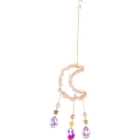 Carillon éolien en cristal rose en forme de lune, d'une finesse exquise, parfait pour décorer une fenêtre intérieure ou un jardin. (1/5)