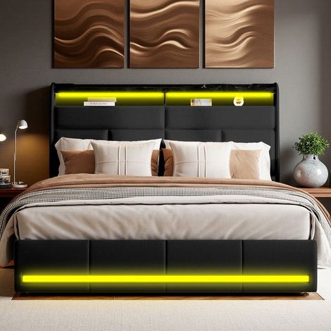 Cama Doble 160x200 - Cofre de Almacenamiento - Mecanismo Silencioso - Iluminación LED 6000+ Colores - Tejido PU Negro