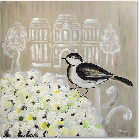 Tableau bois oiseau noir et blanc et des fleurs - 100 x 100 cm (1/4)