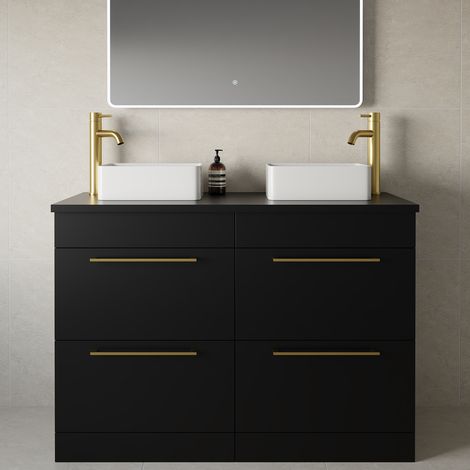 Napoli 460 Matt Black 1200mm 4 Drawer Vanity Unit for Countertop Basins - 1200mm - Brushed Brass 320mm Handle