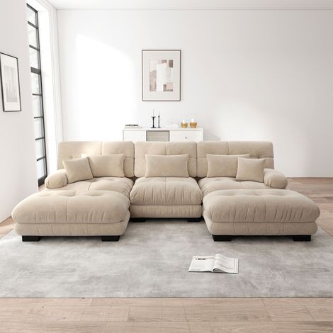 Canapé d’angle modulable U 3 places beige en chenille, canapé Cloud XXL avec ottoman, assise profonde convertible, canapé lounge confortable pour salon (1/5)