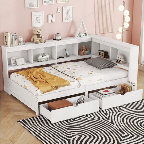Letto bambini 90x200 cm con 2 cassetti, presa elettrica, 2 porte USB, ripiano portaoggetti e rete a doghe, bianco, materasso non incluso (1/5)