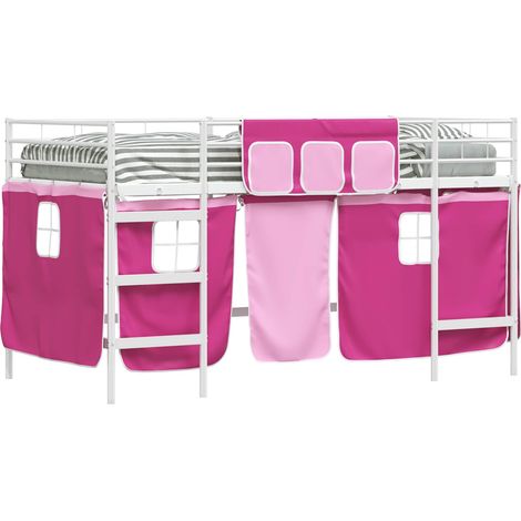 Kinder Loft Bettgestell mit Vorhängen Weiß und Rosa 90 x 200 cm vidaXL