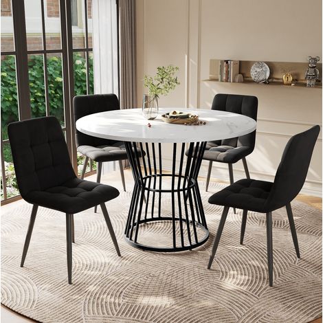 Set da pranzo con tavolo e 4 sedie, piano in MDF bianco effetto marmo, gambe in metallo nero, tavolo rotondo Ø100 cm (1/5)