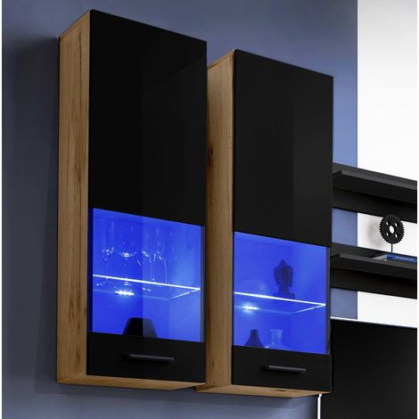 Extreme Furniture, Vitrine Murales Suspendue T51, (LxHxP): 40 x 120 x 29, corps en Wotan Mat, Façades en Noir Brillant, sans LED (1/5)