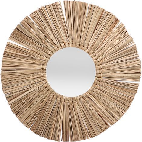 Specchio rotondo da bagno in paglia naturale intrecciata – decorazione da parete in stile scandinavo retrò con frange. (1/5)
