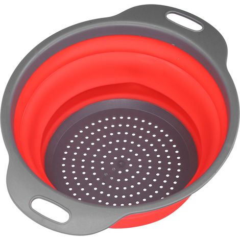 Panier égouttoir rond en silicone pliable, lavage fruits et légumes, avec poignée, petit, rouge, pour cuisine domestique (1/5)