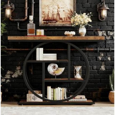 Consola industrial 4 niveles, tablero 4 cm, metal y madera, negro y marrón rústico DESVIAE (1/5)