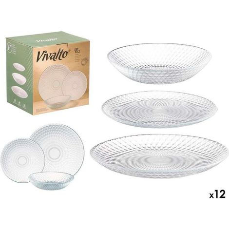 VIVALTO vajilla vidrio rombos 12 piezas , Vajilla de vidrio con diseño de rombos 12 piezas, un conjunto elegante y funcional para el uso diario o para vestir la mesa en ocasiones e