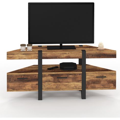 Idmarket – Meuble TV d'angle 110 cm bois foncé avec 3 tiroirs – Pieds épingle métal noir – Design industriel pour espaces réduits (1/5)