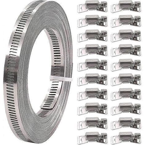 Lot de 21 colliers de serrage à vis sans fin de 10 mètres (33 pieds) de long avec fixations, en acier inoxydable 304, grande taille et réglables. (1/5)