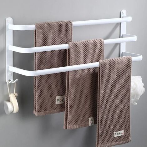 Aluminum towel rack for bathroom. Three 50cm bars. No drilling required. For bathroom and toilet. White. (1/4)