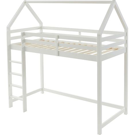 Vente-Unique – Lit mezzanine cabane 90 x 190 cm – Pin massif laqué – Blanc – Échelle réversible – Charge max 120 kg – Pour enfants à partir de 6 ans