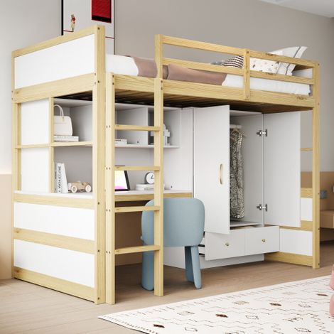 Lit mezzanine - lit 90x200 cm - avec échelle, bureau, armoire, tiroirs - couleur bois - sans matelas (1/5)