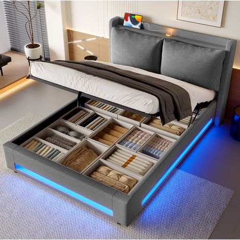 lit adulte lit coffre rangement 160x200 lin gris OKMYHOME (1/5)