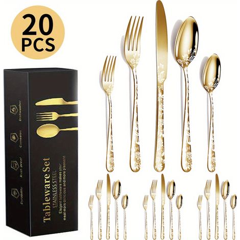 Ménagère 20 Pièces en Acier Inoxydable, Motif Original, Couteaux Fourchettes Cuillères, Compatible Lave-Vaisselle (1/5)