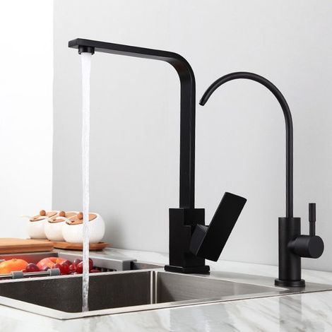 Robinet de cuisine noir – Forme en L plat – Acier inoxydable – Mitigeur pour cuisine et salle de bain (1/5)