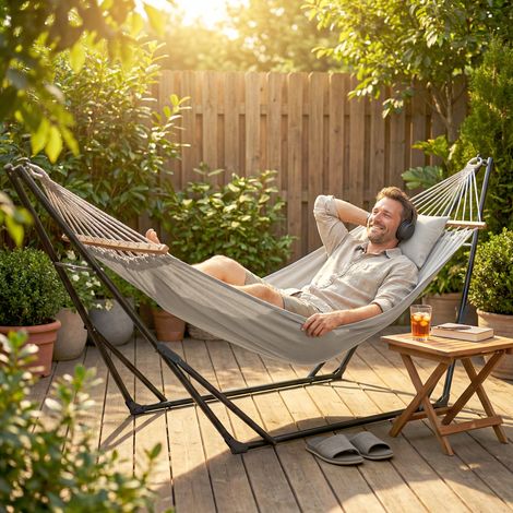 Support de hamac réglable, pliable et portable avec sac de transport, 290 x 78 x 100 cm, noir