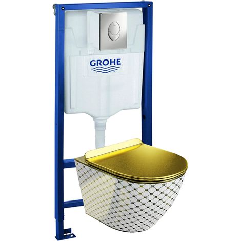 GROHE Bâti-support Skate Air + Lavita WC Sofi Slim Checked Gold suspendu sans bord + panneau de commande Delta 25 chrome  Kit complet