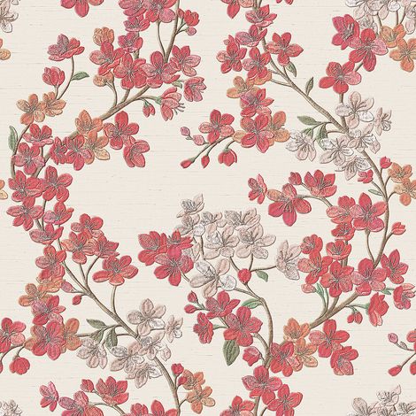 Blumen Tapete Profhome GR322203-DI heißgeprägte Vliestapete mit floralen Ornamenten schimmernd beige karmin-rot hell-grün lachs-orange 5,33 m2