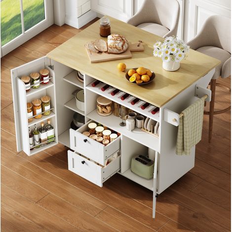 Isla de cocina móvil con tablero abatible, 104 x 69 x 89 cm, MDF, blanco y madera OKMYHOME (1/5)