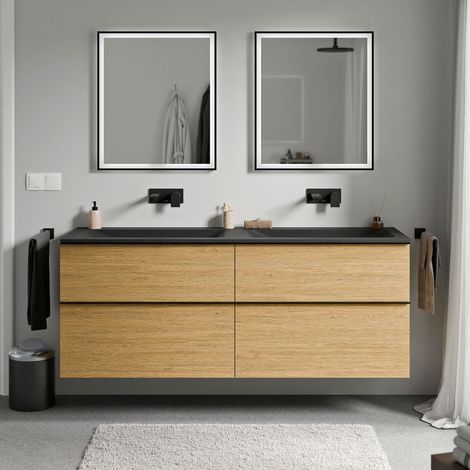 BERNSTEIN - Mobile lavabo sospeso MDF rovere miele, lavello Ghisa senza foro rubinetto e maniglia, nero opaco - 160x46x62cm - LAVOA	Nero opaco, Rovere Miele Oro, Nero opaco senza foro per rubinetto