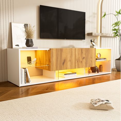 Meuble TV 160x40x42 cm blanc et bois en panneaux de particules avec LED, 2 tiroirs et rangements (1/5)