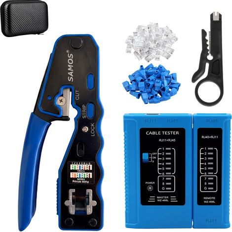 Pince à sertir RJ45 avec testeur RJ45 et connecteurs - Kit complet avec testeur RJ45, outil de sertissage pour connecteurs et terminaux électriques - Idéal pour réseaux Ethernet (1/5)