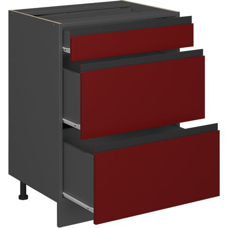 Mobiletto base per cucina R-Line, Rosso, 60 cm Forma a J, con cassetti, senza piano di lavoro, Vicco
