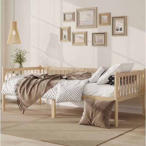 Cama nido de día 90x200 cm de madera de pino natural con barandillas de 3 lados y 14 lamas (1/5)