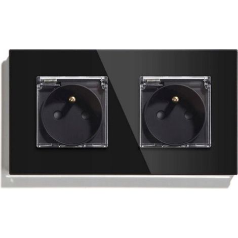Prise Electrique Double - Verre Trempé 4 Mm - Hermétique - Compatible Boîtier 60 Mm - Noir - 16 A (1/2)