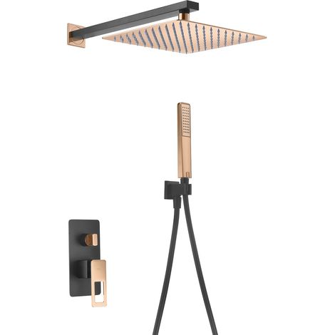 Imex – Colonne de douche encastrée avec mitigeur – Pommeau carré noir finition or rose – Acier laiton – Diamètre standard – Compatible cartouche 35mm