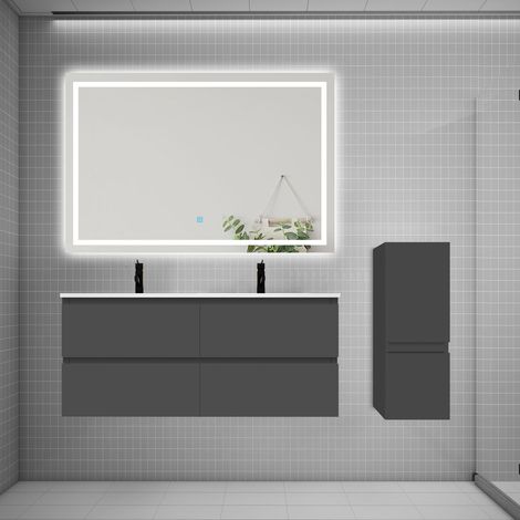 AICA Ensemble meuble 2 vasque L.120cm 4 tiroirs + lavabo + LED miroir + colonne anthracite B (1/5)
