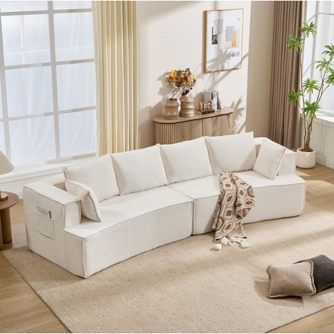 Sofá modular curvo blanco en terciopelo acanalado con asiento profundo y muelles, convertible para salón, dormitorio u oficina – CHICFURN, confort envolvente y duradero (1/5)