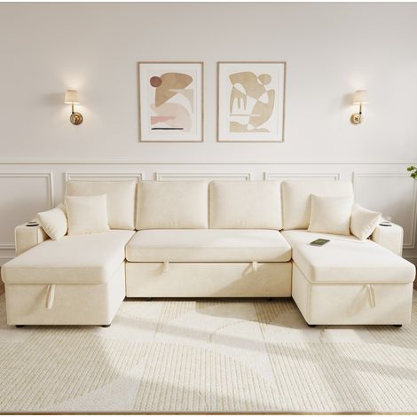 Sofá cama esquinero en U con almacenamiento, chenilla beige, 270 x 125 x 86 cm, OKWISH (1/5)